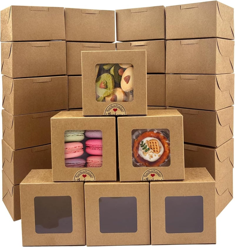 WEI LONG 30PCS Bakery Boxes,4"x4"x2.5" Small Pastry Treat Boxes with Window Gift Packaging Boxes for Cookies,Pastries,Mini Cakes,Pie Slice,Stickers Included (Brown) - Image 2