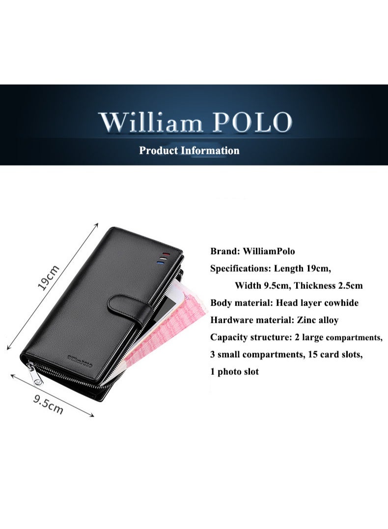 Williampolo William Polo men's long wallet, top layer cowhide, large capacity multifunctional men's handbag, casual business style leather wallet - Image 5