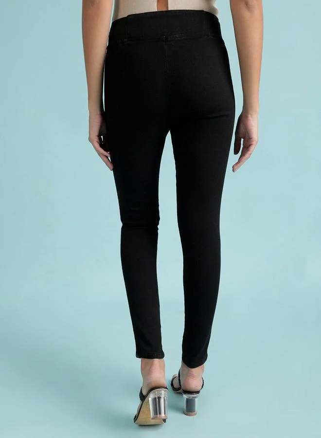 Freehand  Black Skinny Fit Solid Jeggings for Women | Best Price UAE
