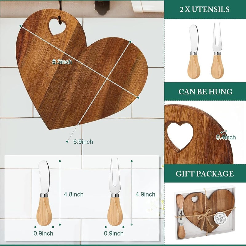 Heart Charcuterie Board with with Knife and Fork, Wood Hanging Cheese Board Set Heart Shaped Platter for Home Wedding Party - Image 3