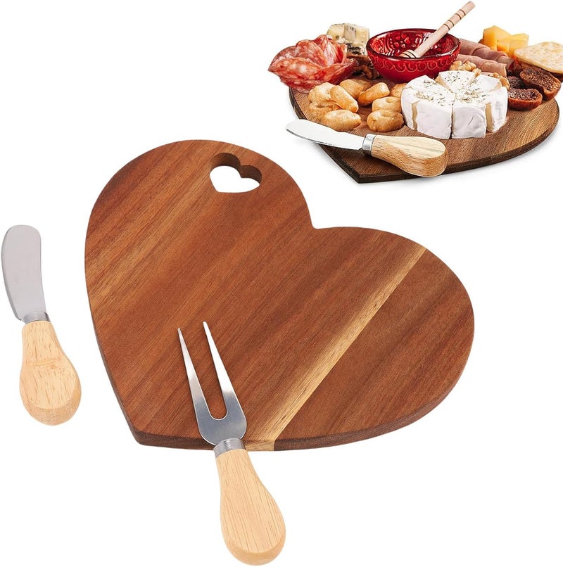 Heart Charcuterie Board with with Knife and Fork, Wood Hanging Cheese Board Set Heart Shaped Platter for Home Wedding Party - Image 1