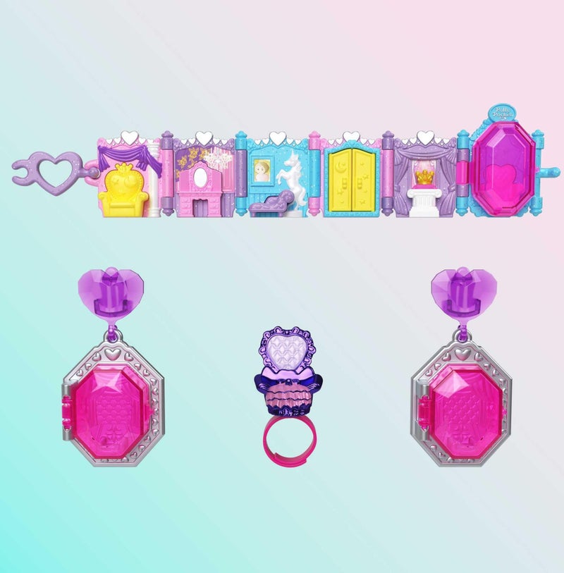 Polly Pocket مجموعة بولي بوكيت القابلة للجمع مع دميتين، مجموعة مجوهرات حفلة ملكية، لعبة قابلة للجمع بموضوع قلعة اليونيكورن - Image 4