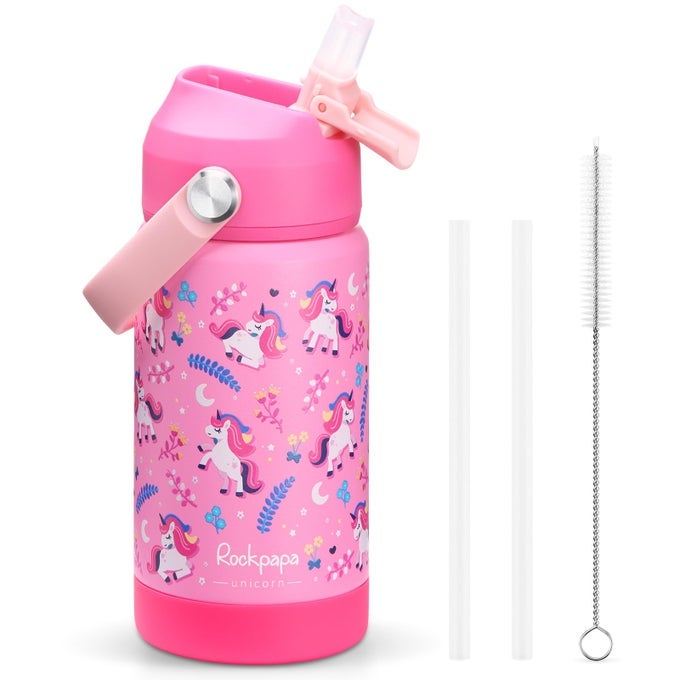 KIDS INSULATED WATER BOTTLE WITH STRAW BPAFREE 188 STAINLESS STEEL LEAK PROOF 14OZ METAL CUP WATER BOTTLE FOR SCHOOL BOYS GIRLS PINK UNICORN