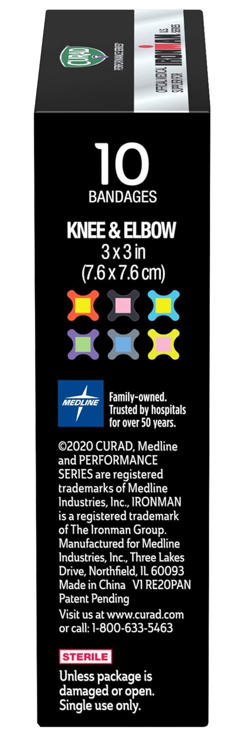 CURAD ضمادات CURAD Performance Series Ironman المضادة للبكتيريا بتقنية الالتصاق القوي للركبة والكوع 3 بوصات × 3 بوصات 10 قطع مثالية للجروح والخدوش والرياضات وأنماط الحياة النشطة - Image 4