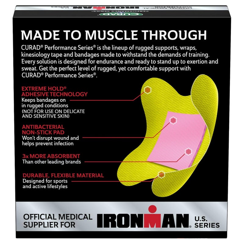 CURAD ضمادات CURAD Performance Series Ironman المضادة للبكتيريا بتقنية الالتصاق القوي للركبة والكوع 3 بوصات × 3 بوصات 10 قطع مثالية للجروح والخدوش والرياضات وأنماط الحياة النشطة - Image 3