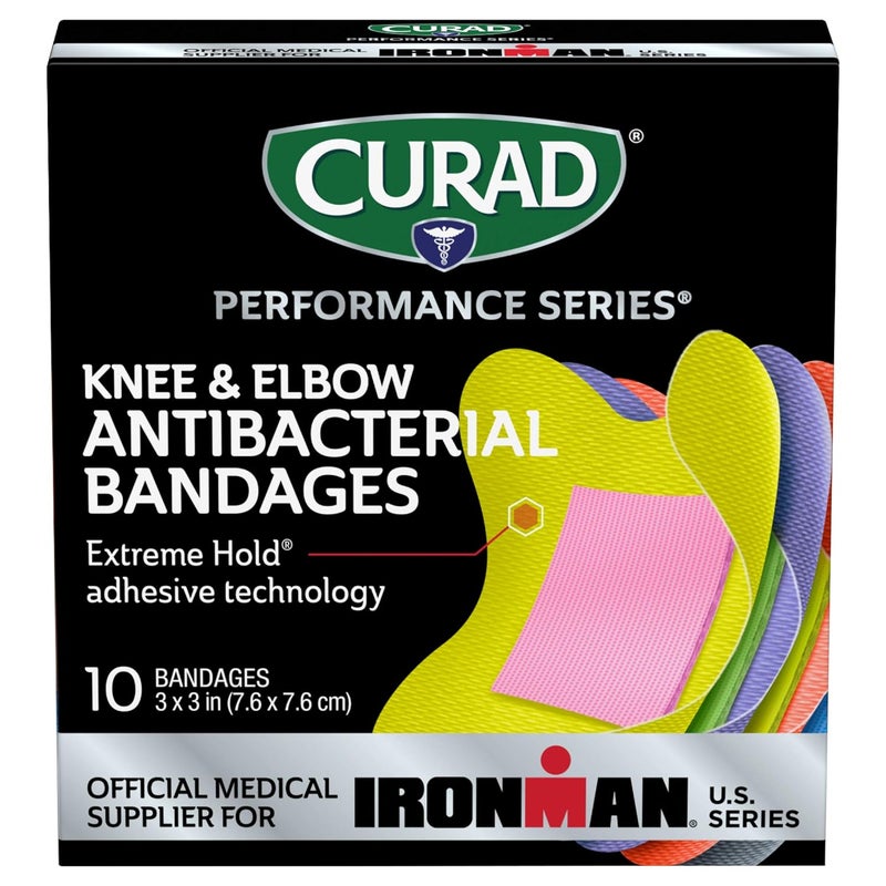 CURAD ضمادات CURAD Performance Series Ironman المضادة للبكتيريا بتقنية الالتصاق القوي للركبة والكوع 3 بوصات × 3 بوصات 10 قطع مثالية للجروح والخدوش والرياضات وأنماط الحياة النشطة - Image 2