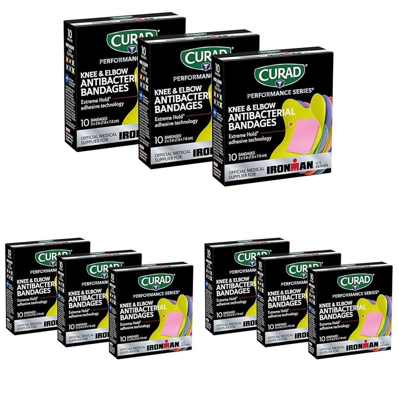 CURAD ضمادات CURAD Performance Series Ironman المضادة للبكتيريا بتقنية الالتصاق القوي للركبة والكوع 3 بوصات × 3 بوصات 10 قطع مثالية للجروح والخدوش والرياضات وأنماط الحياة النشطة - Image 1