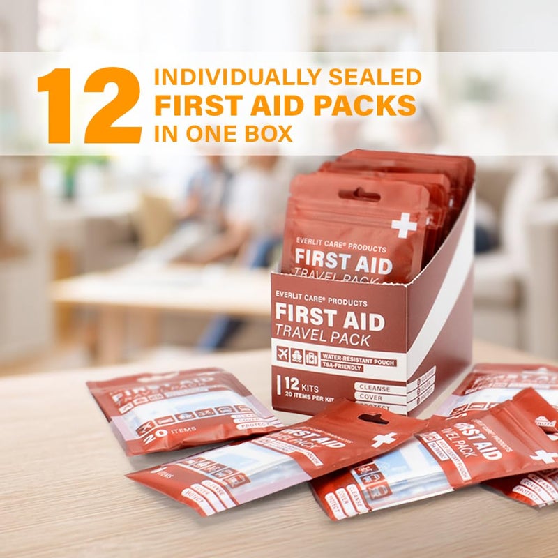 EVERLIT CARE Travel Bandage Pack | 12 Individual Packets, Bulk Portable Mini First Aid Kit with 20 On-The-Go Essentials | Compact Water-Resistant Reusable Pouch to Clean, Cover & Protect - Image 2