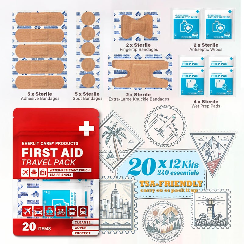 EVERLIT CARE Travel Bandage Pack | 12 Individual Packets, Bulk Portable Mini First Aid Kit with 20 On-The-Go Essentials | Compact Water-Resistant Reusable Pouch to Clean, Cover & Protect - Image 3