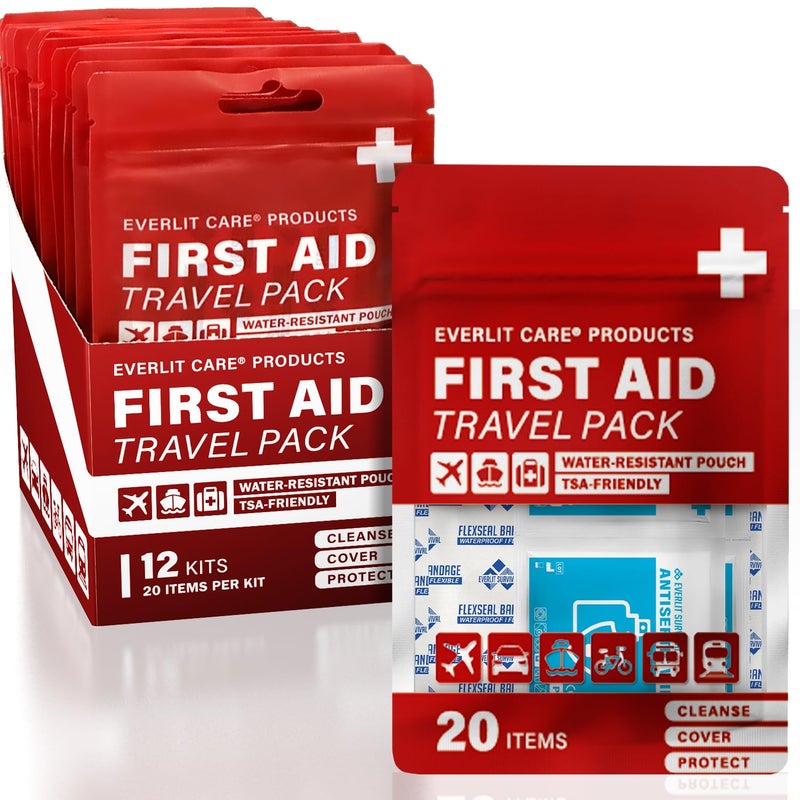 EVERLIT CARE Travel Bandage Pack | 12 Individual Packets, Bulk Portable Mini First Aid Kit with 20 On-The-Go Essentials | Compact Water-Resistant Reusable Pouch to Clean, Cover & Protect - Image 1
