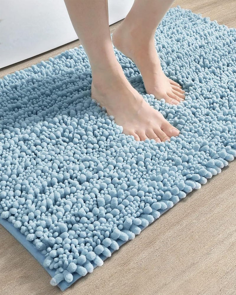 DEXI Bathroom Rug 16x24 Super Soft Thick Chenille Absorbent Bath Mat Non Slip Machine Washable Fluffy Shag Bathmat for Tub Shower Floor Light Blue