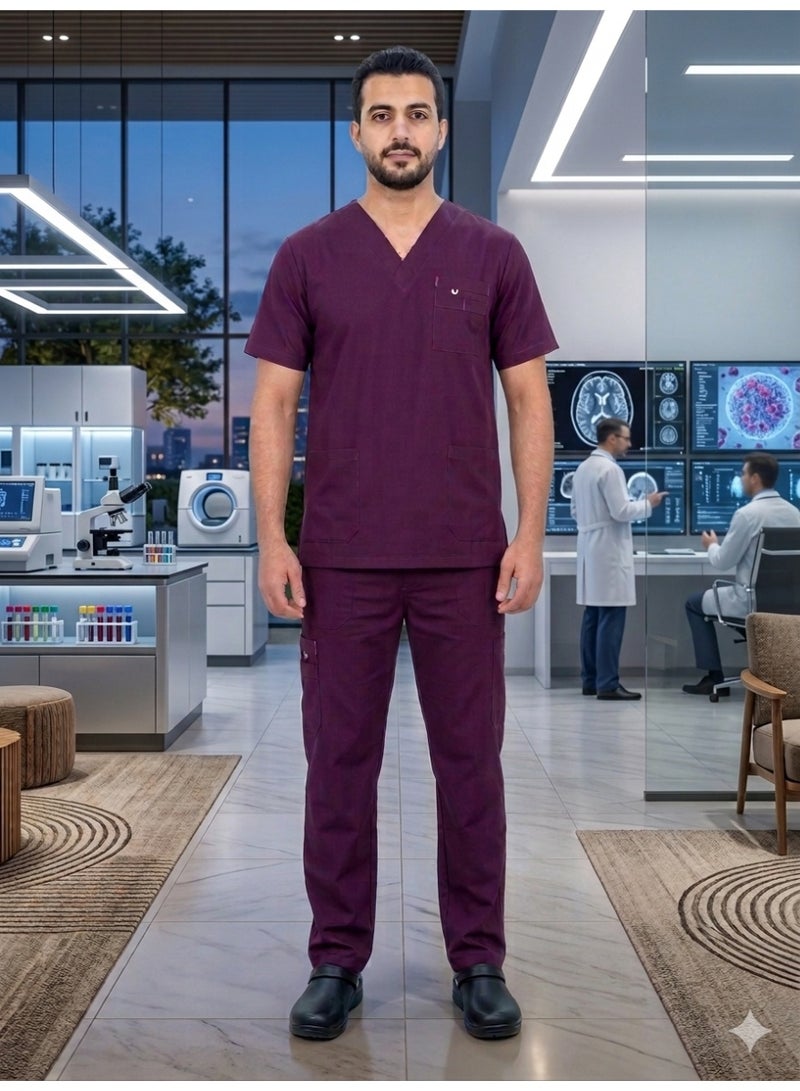 Men's Medical Scrub (Alhayah) - Burgundy - Size 2XL - Short Sleeve - Comfortable and Flexible Medical Uniform for Doctors, Nurses and Healthcare Practitioners