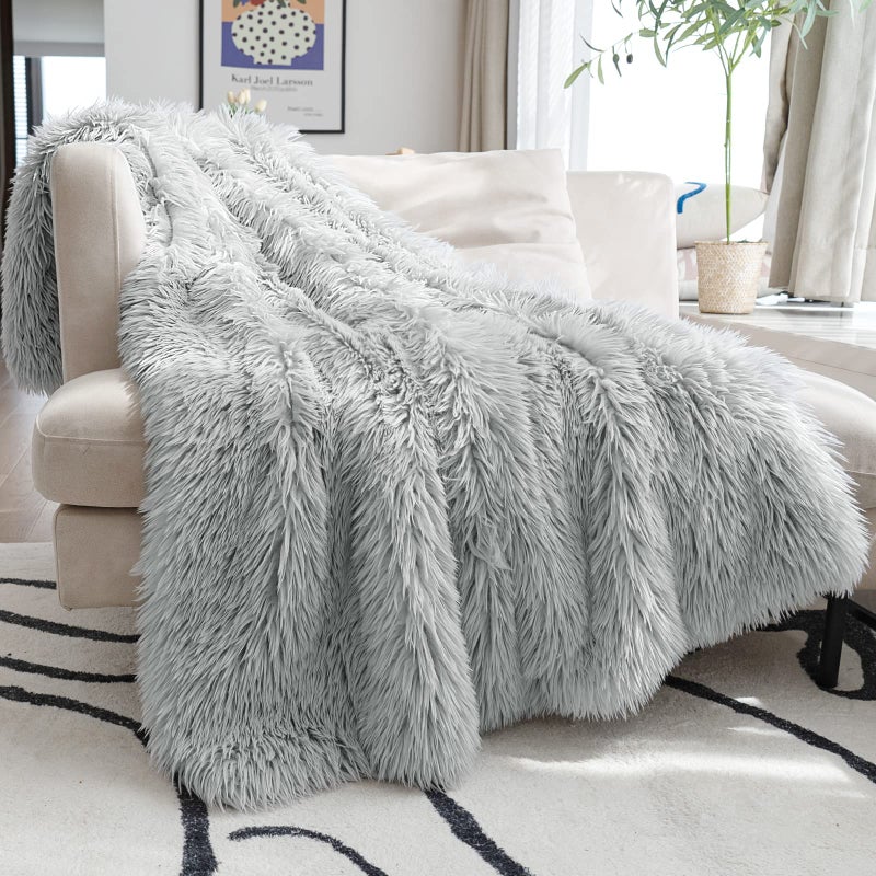 JONIYEAR Decorative 28 Long Hair Soft Fuzzy Faux Fur Throw Blanket 50 x 60Luxury Reversible Fluffy Blankets for Couch Sofa ChairLightweight Accent Cozy Plush Thick Warm Shaggy Furry BlanketGrey