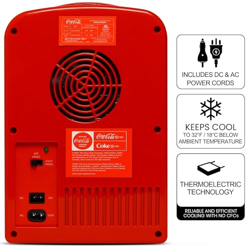 Koolatron Coca Cola Mini Fridge for Bedroom Skincare Cosmatic Office 4L Small Refrigerator 6 Can Mini Dorm Fridge Portable Cooler 12V DC 110V AC Personal Travel Snacks Drinks Red - Image 4
