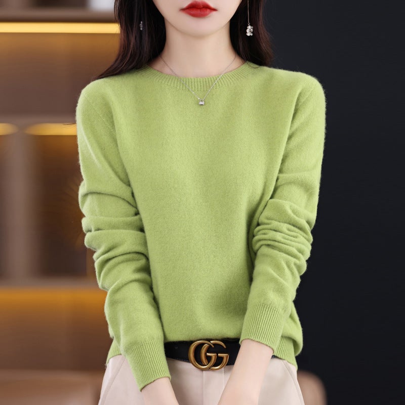 Woolen sweater womens solid color round neck 23 new long sleeve seamless knitted first-line garment wool sweater undershirt Fruit Green