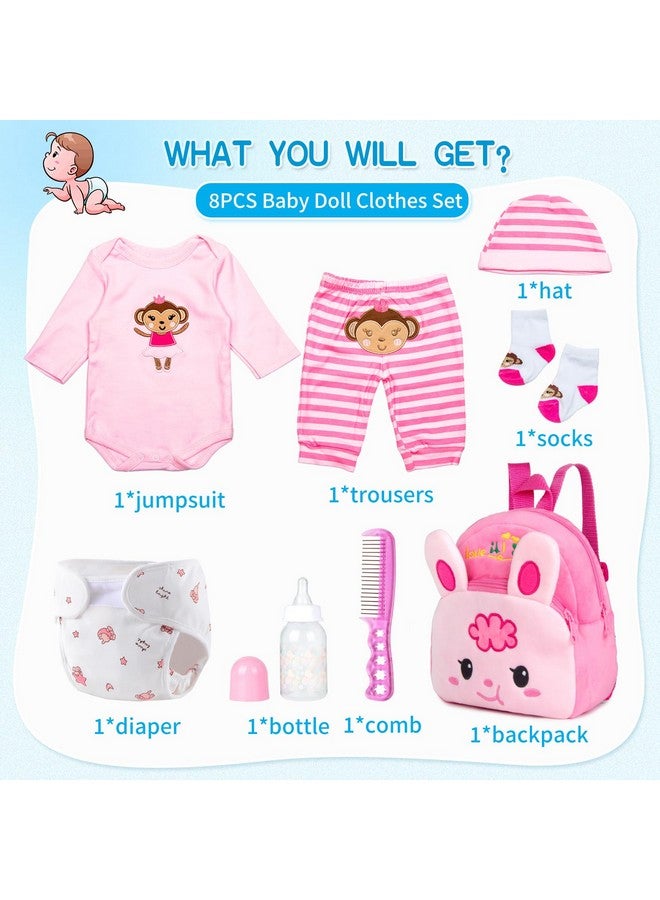 Pedolltree Reborn Baby Doll Clothes Outfit Accessories Pink 8 Pcs Set With Rabbit Backpack&Diaper For 17-22 Inch Reborn Doll Newborn Baby Girl  - Image 2