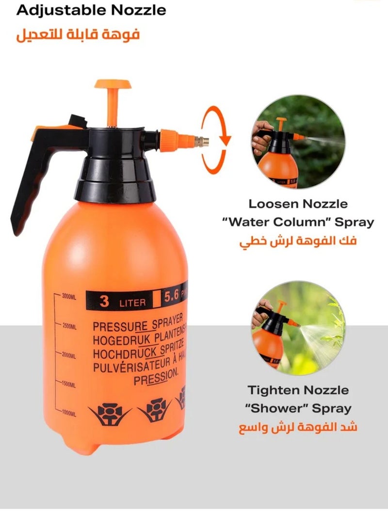 3L Orange Water Pressure Spray Bottle, Pump Pressure Sprayer Bottle-3L-Easy to Pump Durable Plastic Handheld Spray Bottle with Copper Nozzle, Pressure Sprayer Handheld Sprinkler Water Mister Spray Bottle Adjustable Nozzle, Garden Sprayer for Lawn Care grass Control, Pest Control, Cleaning, Washing, and Plant Care(بخاخ ضغط الماء)  - Image 4