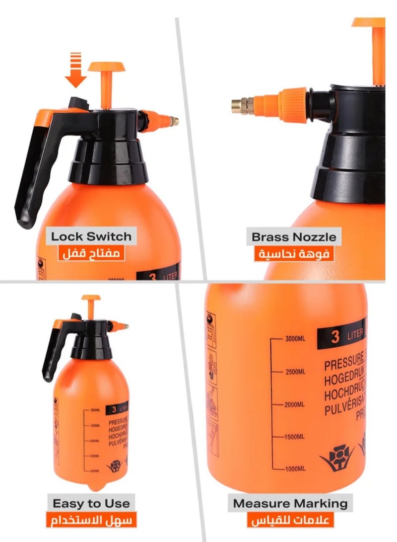 3L Orange Water Pressure Spray Bottle, Pump Pressure Sprayer Bottle-3L-Easy to Pump Durable Plastic Handheld Spray Bottle with Copper Nozzle, Pressure Sprayer Handheld Sprinkler Water Mister Spray Bottle Adjustable Nozzle, Garden Sprayer for Lawn Care grass Control, Pest Control, Cleaning, Washing, and Plant Care(بخاخ ضغط الماء)  - Image 3