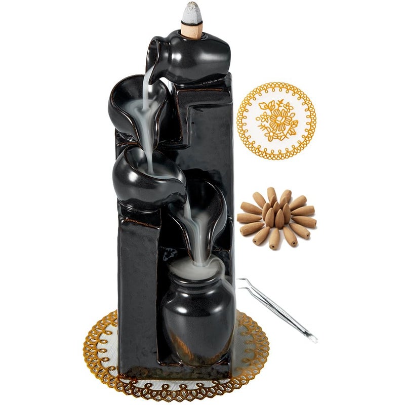 LAMDAWN Unique Cascading Basins Ceramic Waterfall Incense Holder, Paired with a Pack of Backflow Incense Cones. (Black) - Image 1