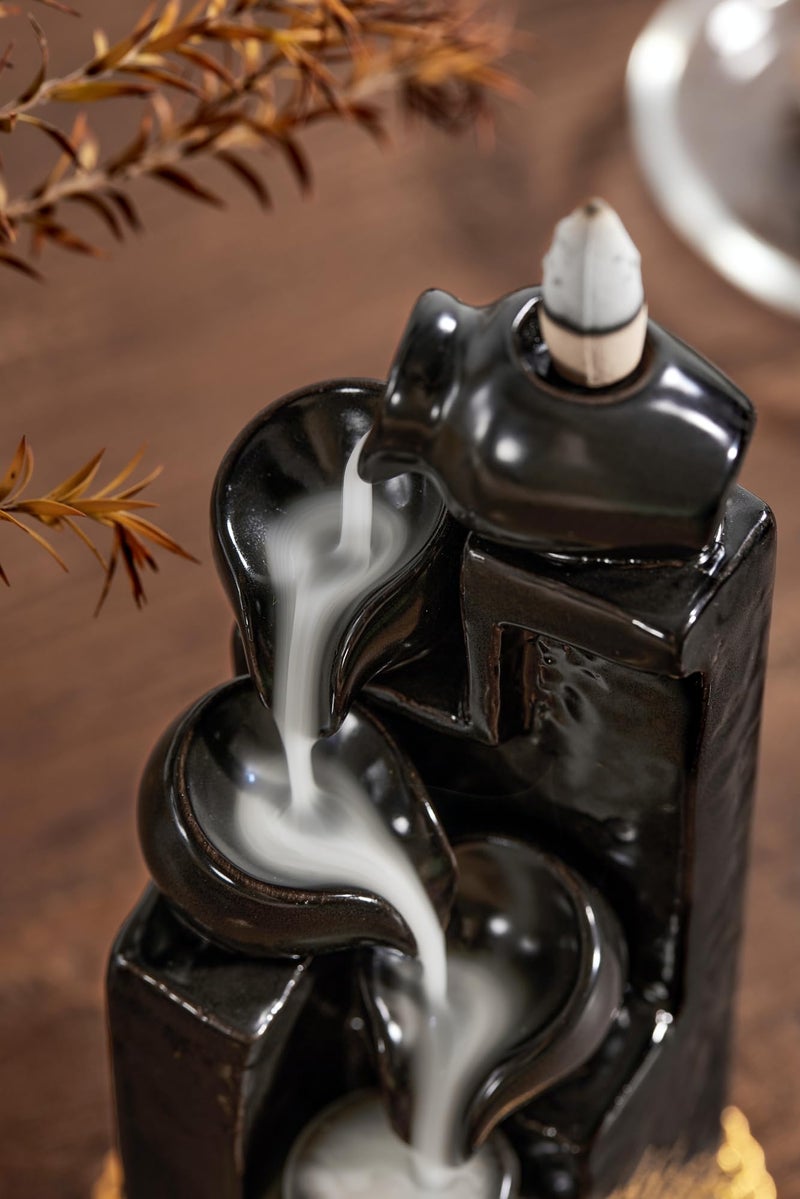 LAMDAWN Unique Cascading Basins Ceramic Waterfall Incense Holder, Paired with a Pack of Backflow Incense Cones. (Black) - Image 3