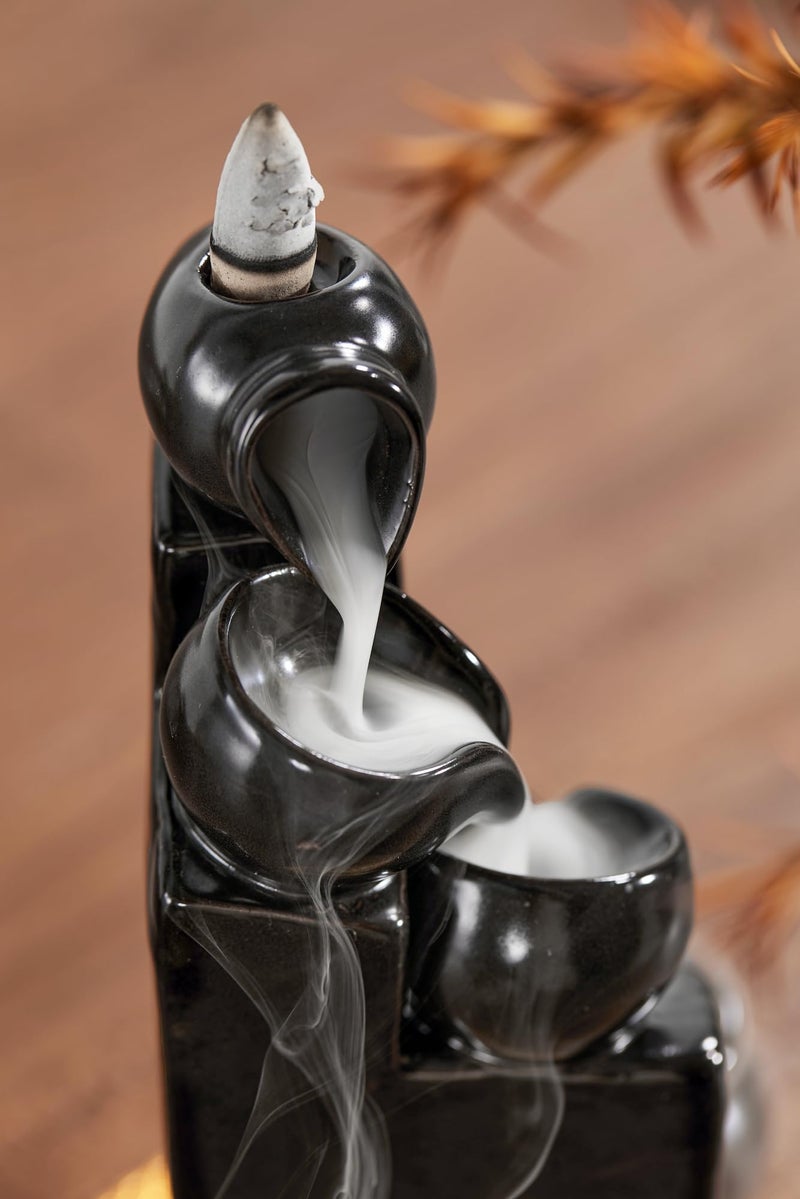 LAMDAWN Unique Cascading Basins Ceramic Waterfall Incense Holder, Paired with a Pack of Backflow Incense Cones. (Black) - Image 4