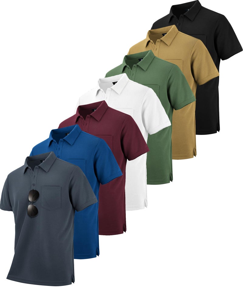 SCODI 7 Pack Polo Shirts for Men with Pocket Moisture Wicking Golf Polo Shirt Short Sleeve Outdoor Work Tactical Tshirt Black Grey Green Khaki WineRed Blue White L - Image 1