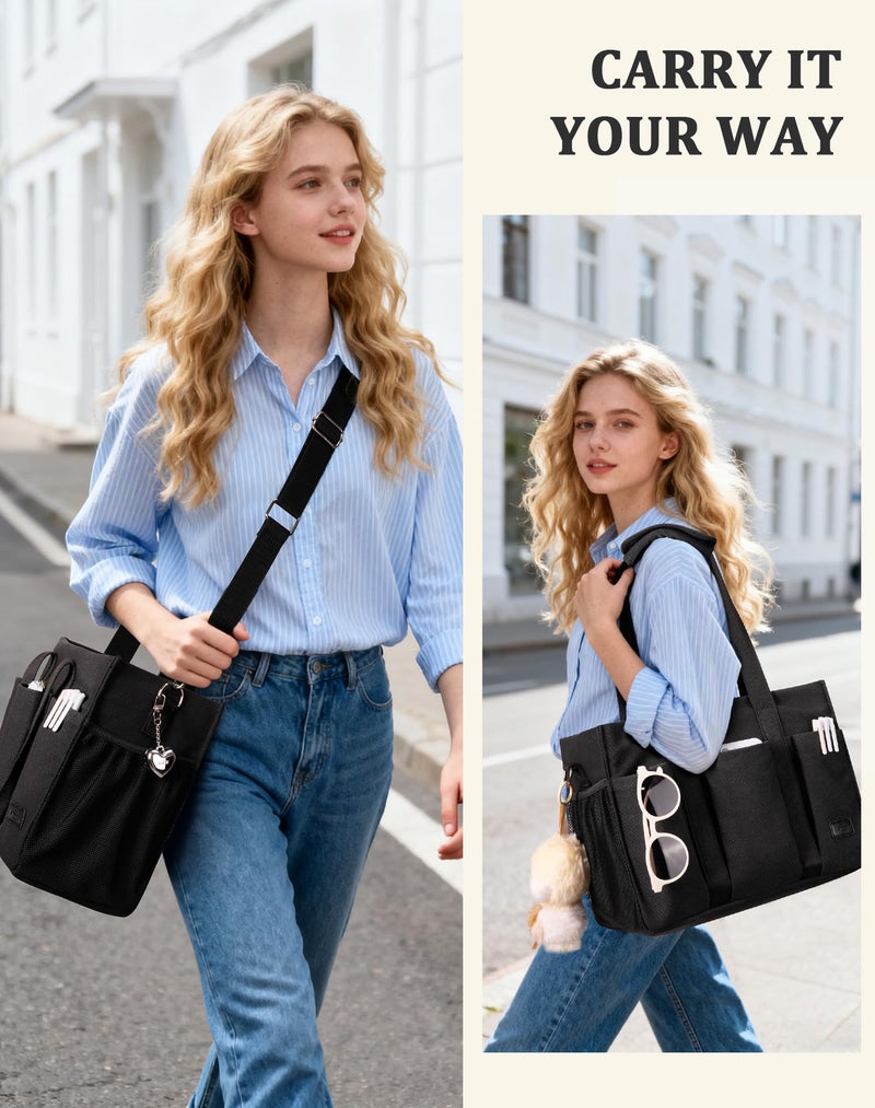 VAYOQON Canvas Tote Bag for Women, Large Shoulder Bag with Laptop Compartment, Crossbody Travel Tote for Work (Black, Large) - Image 3