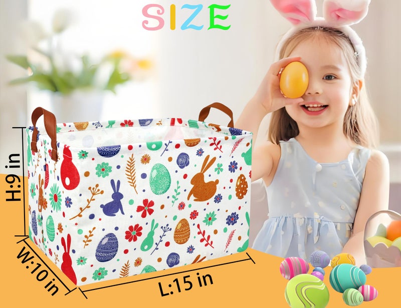 BOOHIT Rectangle Empty Easter Baskets Boy Large Toy Storage Bin Girls collapsible Hamper Waterproof Canvas Box Kid Gifts Spring Decor( boho Red Rabbit ) - Image 2