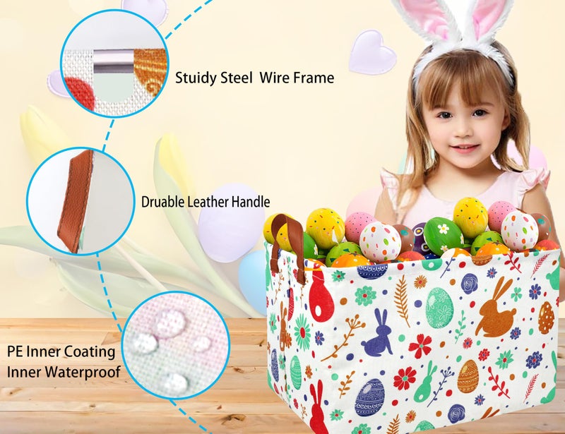BOOHIT Rectangle Empty Easter Baskets Boy Large Toy Storage Bin Girls collapsible Hamper Waterproof Canvas Box Kid Gifts Spring Decor( boho Red Rabbit ) - Image 4