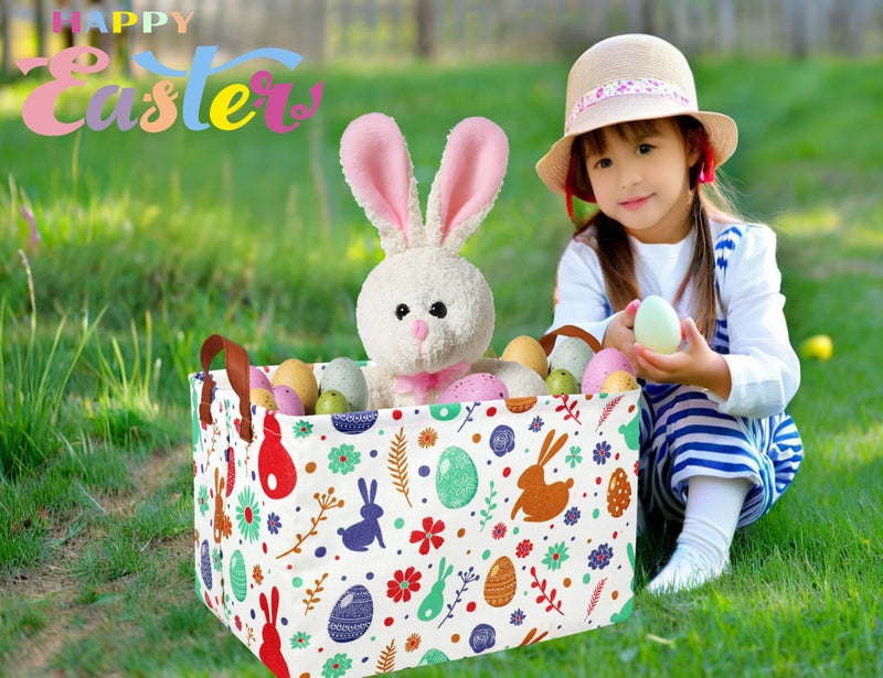 BOOHIT Rectangle Empty Easter Baskets Boy Large Toy Storage Bin Girls collapsible Hamper Waterproof Canvas Box Kid Gifts Spring Decor( boho Red Rabbit ) - Image 5