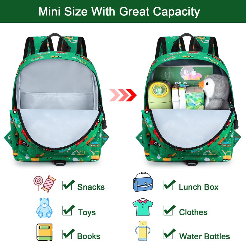 Accmor Toddler Backpack with Leash, Cute Baby Backpack with Anti Lost Wrist Link, Mini Kids Backpack Leash Walking Harness for Travel, Small Excavator Backpack Tether for Boys Girls Ages 1-3 (Green) - Image 3