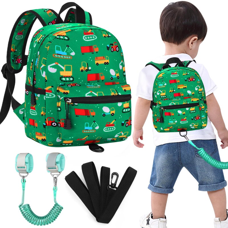 Accmor Toddler Backpack with Leash, Cute Baby Backpack with Anti Lost Wrist Link, Mini Kids Backpack Leash Walking Harness for Travel, Small Excavator Backpack Tether for Boys Girls Ages 1-3 (Green) - Image 1