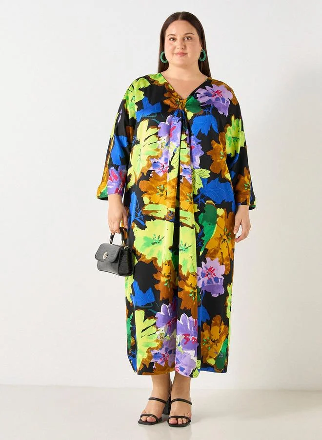 Ulla Popken Plus Size Ulla Popken Floral Print Kaftan Dress with Pockets
