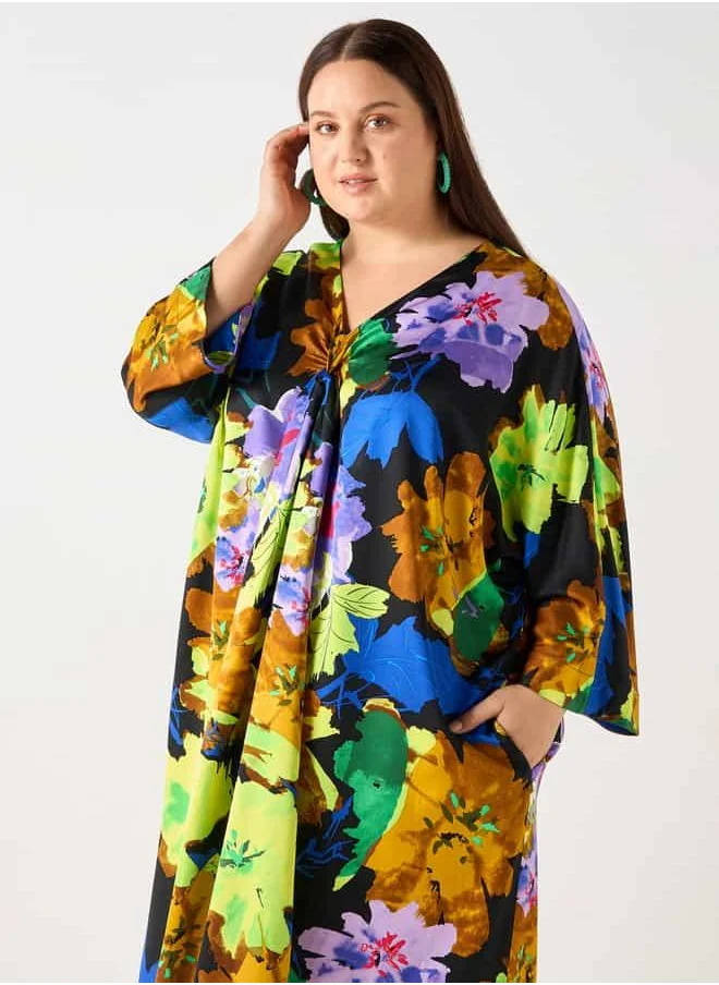 Ulla Popken Plus Size Ulla Popken Floral Print Kaftan Dress with Pockets