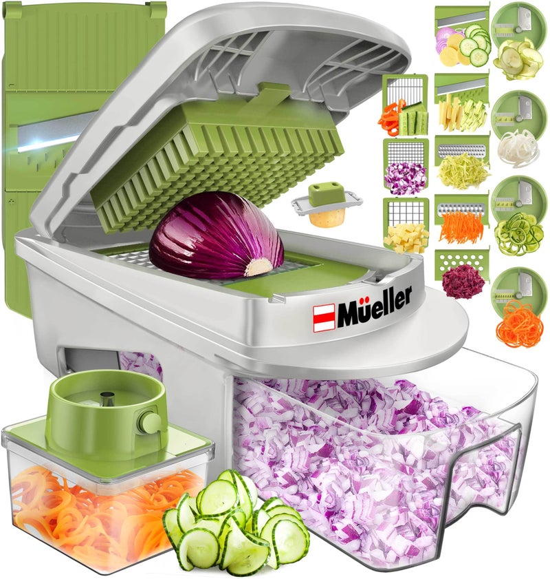 Mueller Mueller Pro-Series All-in-One, 12 Blade Mandoline Slicer for Kitchen, Food Chopper, Cucumber Slicer and Spiralizer, Cutter, Dicer, Grater, Gifts for Mom, Kitchen Essentials, White Sand/Green  - Image 1
