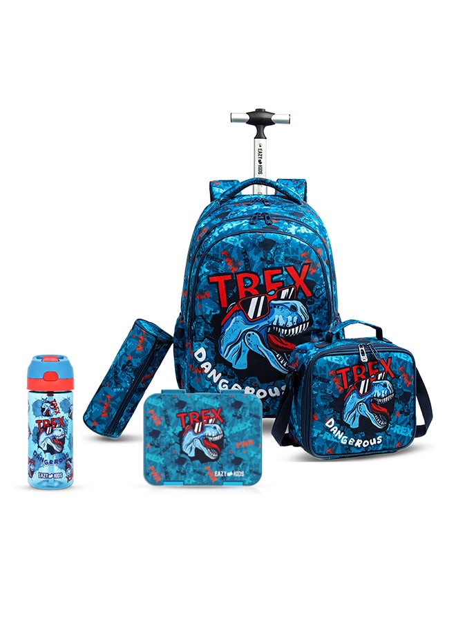 Eazy Kids حقيبة مدرسة trolley للأطفال بحجم 18 بوصة مجموعة من 5 مع صندوق غداء بينتو وزجاجة مياه Tritan سعة 420 مل وحقيبة غداء وحافظة أقلام - TREX ديناصور - أزرق - Image 1