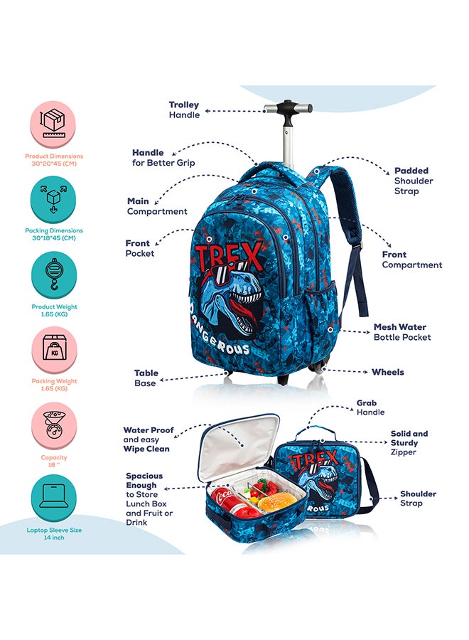 Eazy Kids حقيبة مدرسة trolley للأطفال بحجم 18 بوصة مجموعة من 5 مع صندوق غداء بينتو وزجاجة مياه Tritan سعة 420 مل وحقيبة غداء وحافظة أقلام - TREX ديناصور - أزرق - Image 4