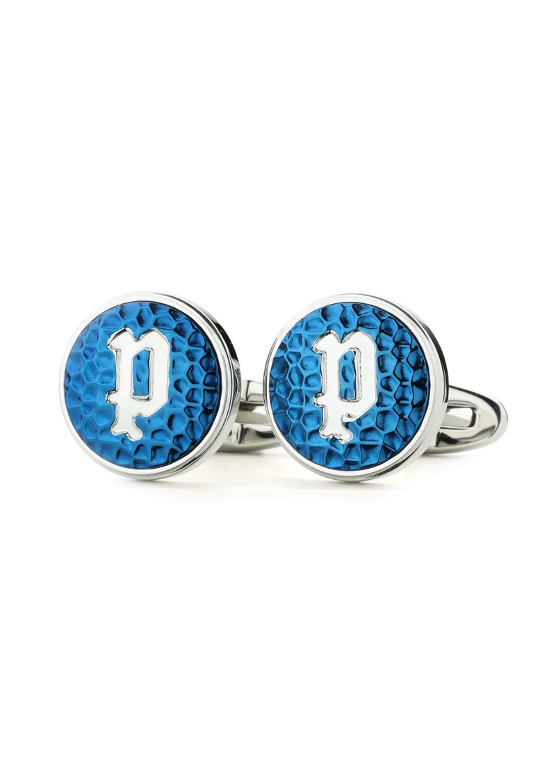 POLICE Forged Silver Blue Round Stainless Steel Cufflinks for Men