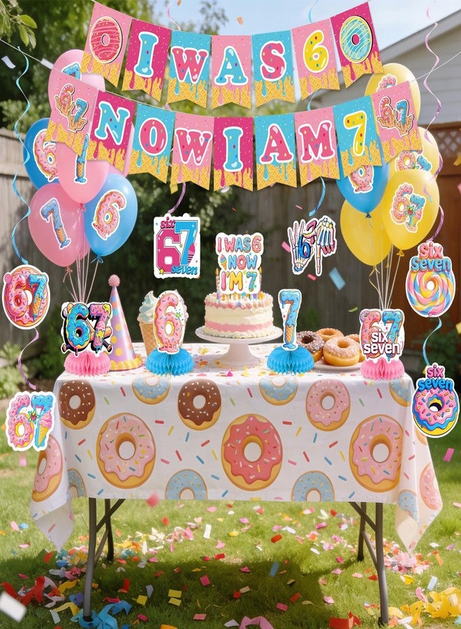 Urlax 6 7 Birthday Party Decoration Set Funny 6 7 Meme Donut Theme Decor with Hanging Swirls Honeycomb Centerpieces I Was 6 Now I'm 7 Banner Cake Topper Blue and Pink Six Seven Party Supplies - Image 4