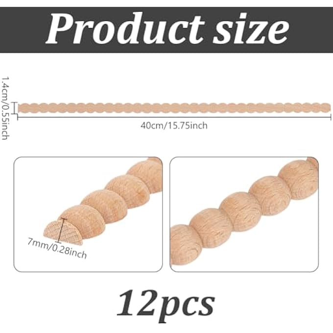 12 PCS DECORATIVE BEADED WOOD TRIM 15.75 INCH UNFINISHED 3D DECORATIVE BEAD PEARL WOOD MOLDING HALF ROUND WOODEN BEADED MOLDING STICKS FOR DIY HOME WALL CABINET SHELF WINDOW DOOR (14 MM) - Image 3