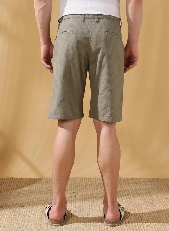 Dennis Lingo Olive Men's Olive 100% Cotton Striped Knee Length Bermuda Regular Fit Shorts for Men | Best Price UAE