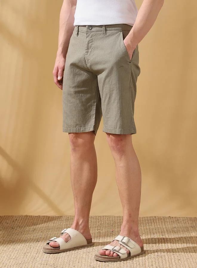 Dennis Lingo Olive Men's Olive 100% Cotton Striped Knee Length Bermuda Regular Fit Shorts for Men | Best Price UAE