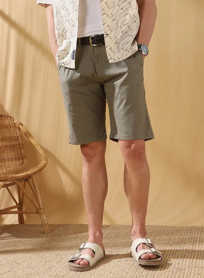 Dennis Lingo Men's Olive 100% Cotton Striped Knee Length Bermuda Regular Fit Shorts