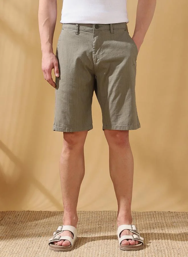 Dennis Lingo Olive Men's Olive 100% Cotton Striped Knee Length Bermuda Regular Fit Shorts for Men | Best Price UAE