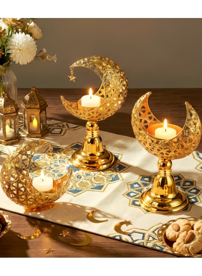 3 Pcs Ramadan Decorations for Home, Golden Moon Shape Candle Holder, Metal Candlestick Holder Eid Mubarak Table Centerpiece Decor for Birthday Wedding Church (ZYZT-07-ZH1) - Image 1