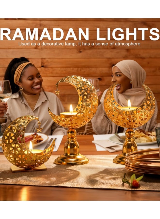 3 Pcs Ramadan Decorations for Home, Golden Moon Shape Candle Holder, Metal Candlestick Holder Eid Mubarak Table Centerpiece Decor for Birthday Wedding Church (ZYZT-07-ZH1) - Image 2