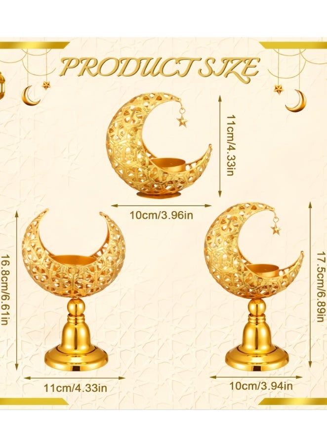 3 Pcs Ramadan Decorations for Home, Golden Moon Shape Candle Holder, Metal Candlestick Holder Eid Mubarak Table Centerpiece Decor for Birthday Wedding Church (ZYZT-07-ZH1) - Image 3