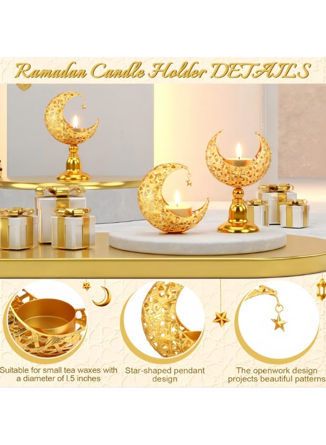 3 Pcs Ramadan Decorations for Home, Golden Moon Shape Candle Holder, Metal Candlestick Holder Eid Mubarak Table Centerpiece Decor for Birthday Wedding Church (ZYZT-07-ZH1) - Image 4
