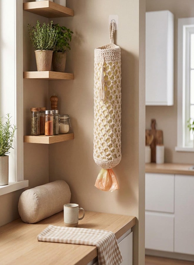 Ribbonlic Plastic Bag Holder, Macrame Grocery Bag Storage Reusable Hanging Shopping Trash Bags Dispenser Boho Decor for Kitchen Closet Pantry Laundry Room, with 1 Traceless Hook - Image 4