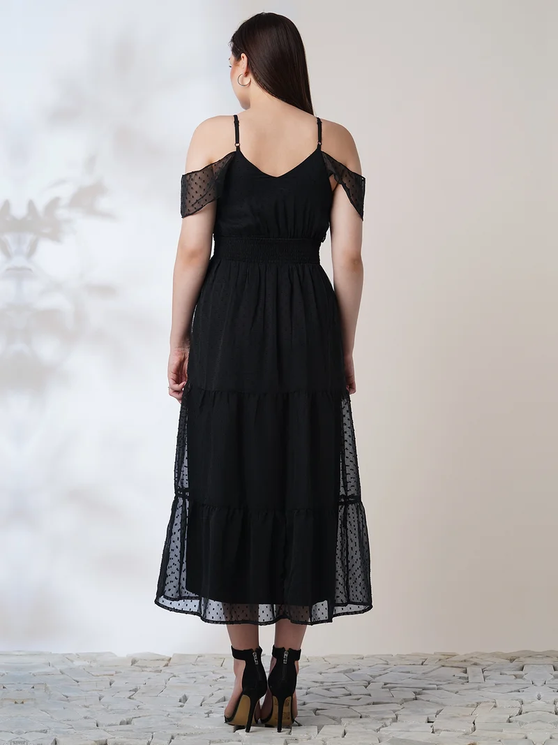 globus Women Black Off Shoulder Self Design Ruffles Detail Smocked Fit & Flare Midi Party Dress